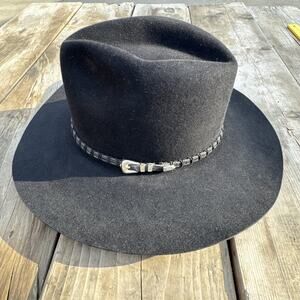 Rodeo King 5X Beaver Quality 5X Felt Cowboy Hat Black Belted Size 7-1/4 USA Made